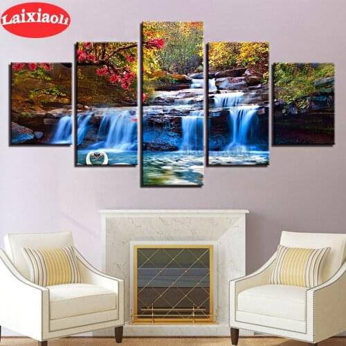 5 Pieces Forest Lake Waterfall Scenery diamond painting full square round drill Tree Flower Swan diamond embroidery Home Decor