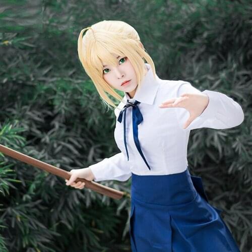 Anime Fate stay night Blue Saber Cosplay Altria Pendragon Daily Costume Casual clothes Wig Party Props