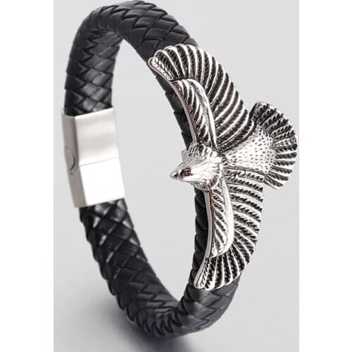 LAMEMDEE Hyperbole Eagle Bracelet for Men Jewelry Black Genuine Leather Bracelets Stainless Steel Magnetic Buckle Wrap Bracelet