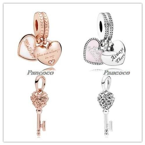 925 Sterling Silver Charm White Enamel Rose Mother And Daughter Hearts Beads Fit Pandora Bracelet & Necklace Jewelry