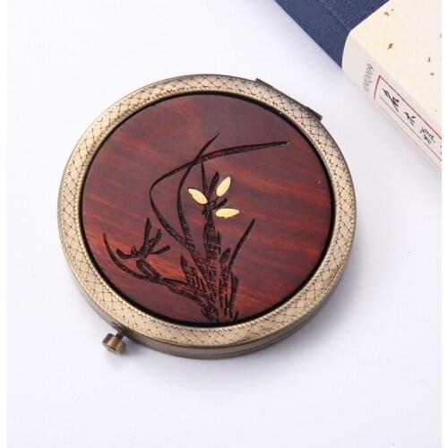 Rosewood Wooden Small Mirror Portable Portable Antique Hand-Held Double-Sided Mini Makeup Mirror Female Gift Custom Retro