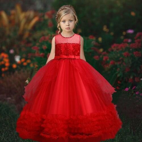 Girls Kids Wedding Flower Girl Dress Princess Party Pageant Dresses Rose embroidery Long Girl Dresses vestido longo 4-12T Teenag