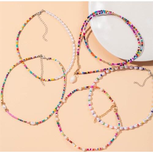 FNIO Y2K Style Colorful Beaded Pearl Short Choker Necklace Bohemian Flower Necklace Jewelry for Women 2021