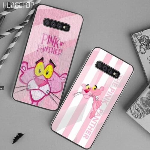 HUAGETOP Cute Cartoon Pink Panther Black Soft Phone Case Tempered Glass For Samsung S20 Plus S7 S8 S9 S10 Plus Note 8 9 10 Plus