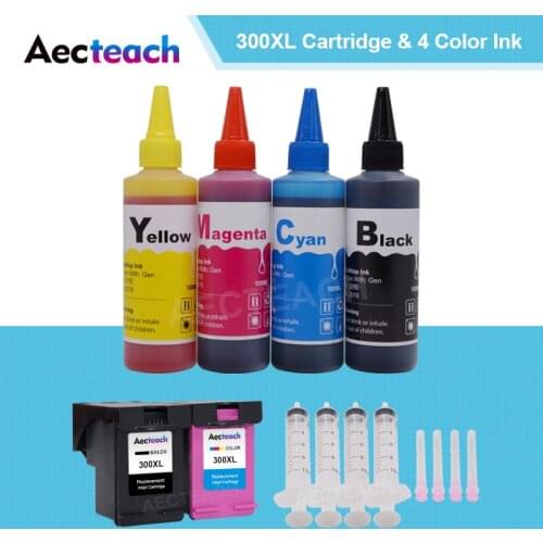 Aecteach for HP 300 XL for hp300 Ink cartridge for hp Deskjet D1660 D2500 D2560 D2660 D5560 F2420 printer + 4 Bottle Dye Ink