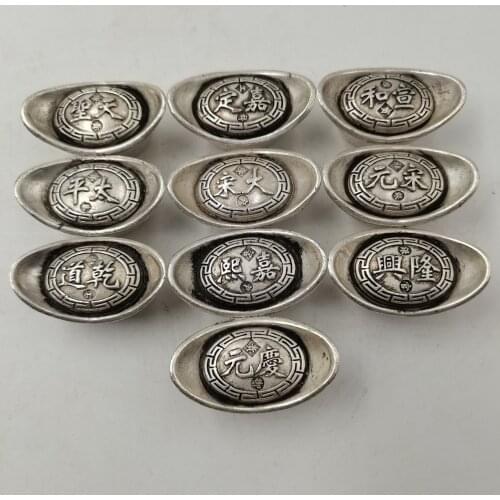 Collection China Archaize Great Song Dynasty Ten Emperors White Copper Silver Plated 2 Two Ingots Statue Decoration