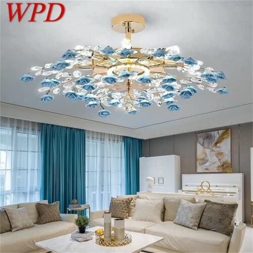 WPD Creative Chandeliers Light Crystal Pendant Lamp Blue Flower Branch Home LED Fixture for Living Dining Room
