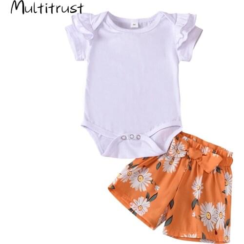 Multitrust 2020 Summer Baby Girl Clothes Solid Ruffles Top+Daisy Print short 2pcs Baby Outfits Size 0-24M