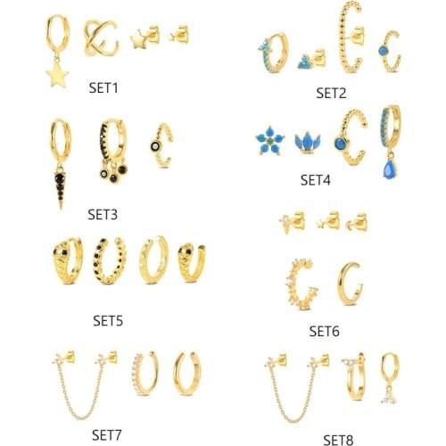 Aide 3/4/5 pcs 925 Silver Earrings Set Blue Turquoise Crown Ear Stud Star Moon Pendant Drop Earrings Black Zircon Snake Clips