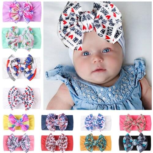 2021 new baby bows knotted headband childrens hair band hair accessories baby nylon printed floral double bow baby turban band