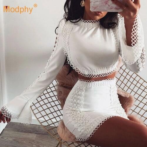 2021 Autumn New Lace White Bodycon Set Sexy O-neck Long Sleeve Hollow Short Top + Mini Skirt Party Club 2 Two-piece Suit