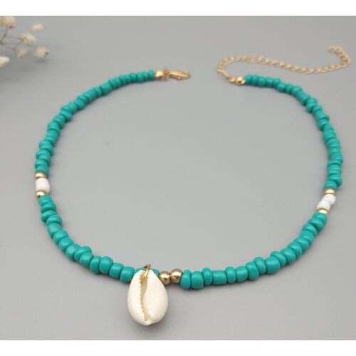 Boho Style Green Seeds Beads Choker Neckalces for Women Cute Shell Necklace Statement Short Collar Clavicle Chain Necklace B0003
