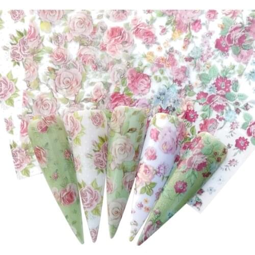 WUF 5pcs 150mm Nail Art Foils Flowers Rose Leaf Nail Transfer Stickers Wraps For Acrylic Manicure Decoration Gel Polish Designs