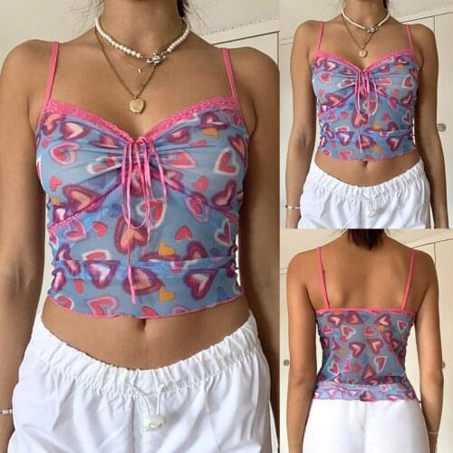 Rainbow Heart Print Cute Mesh Tops Women Lace Trim Clothes Sleeveless V Neck Sexy Crop Tops