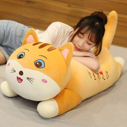 120cm Large Size Lying Cat Plush Toys Soft Cotton Stuffed Baby Pillow Cushion Animal Appease Doll Girl Christmas Gift Yellow