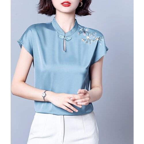 QOERLIN 3XL 2021 Summer Mulberry Silk Retro Embroidered Cheongsam Collar Short Sleeve Beaded Shirt Top Women Plus Size Blouses