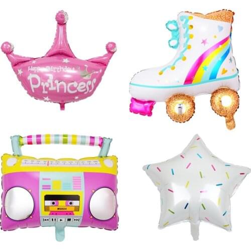 Pink Radio/Roller Skates Cronw Boombox Rollerblade For Birthday Wedding Party Decorations Foil Balloons Kid Baby Shower Toys