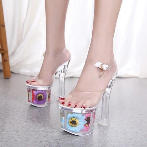 Square heel Women Sandals Summer Sun Flower Sexy Crystal Shoes Thin Heels 17cm Transparent Sandals Cool Size 34-43 Wedding Shoes