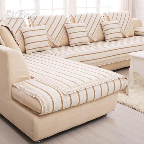 Modern off white brown striped cotton linen sofa cover lace decor sectioanl slipcovers canape furniture covers SP3617 FREE SHIP