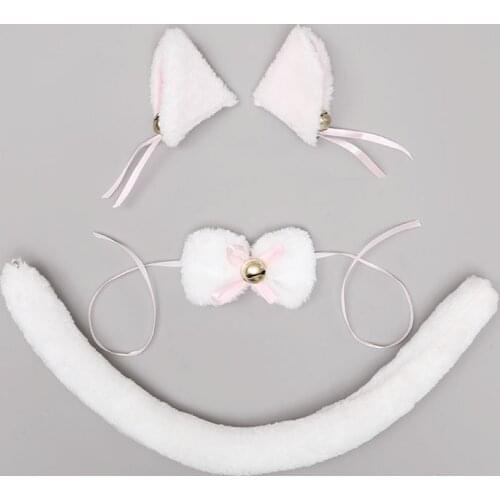 Women Girl Fox Cat Ears Cosplay Headband Ribbon Bell Tail Collar Lolita Plush Furry Ears Cosplay Party Headwear Accessories