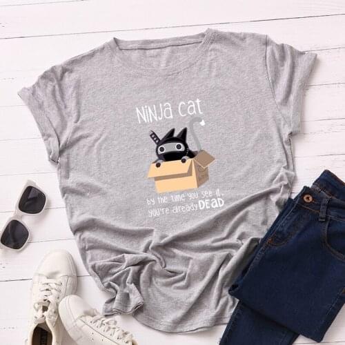 100% Cotton Plus Size S-5XL Women T-shirts Graphic Tees Female Shirts Summer Tops Ninja Cat Printed Funny T Shirt Tee Clothes