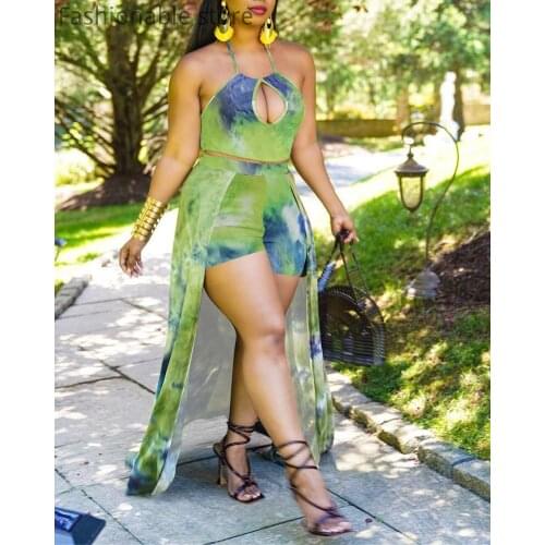 Women Print Sleeveless Halter Top & High Waist Asymmetry Shorts Skirt 2 Piece Sets