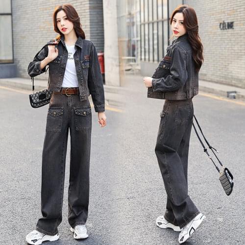 Women 2021 Spring Autumn Fashion Vintage 2 Piece Sets Female Denim Jacket Wide Leg Pants Set Lady Casual Jeans Tracksuits B215