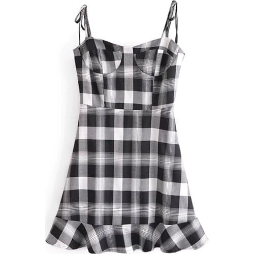 YENKYE Vintage Black White Plaid Sexy Sling Dress Women Sweet Ruffle A-line Mini Holiday Party Vestido Mujer Summer Robe
