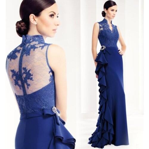 Blue chiffon crystal bow long appliques ruffles Evening Dress 2015 new hot sexy high neck robe de soire vestido de festa longo