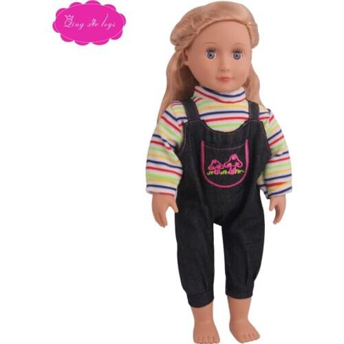 18 inch Girls doll clothes Yellow and green striped shirt with pants American new born dress Baby toys fit 43 cm baby dolls c801