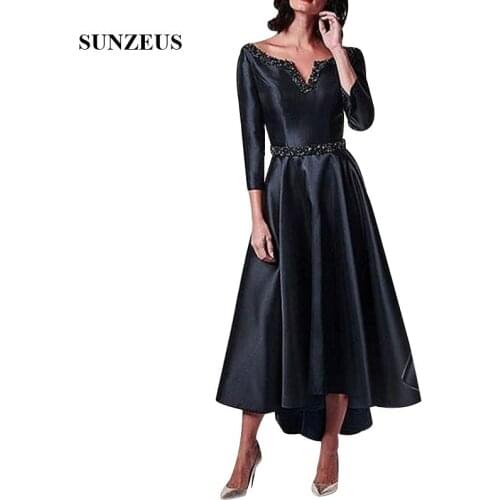 Beaded Neckline Waistband Black Mother Of The Bride Dress Three Quarter Sleeves Tea Length Formal Party Dresses Satin Guest Gown