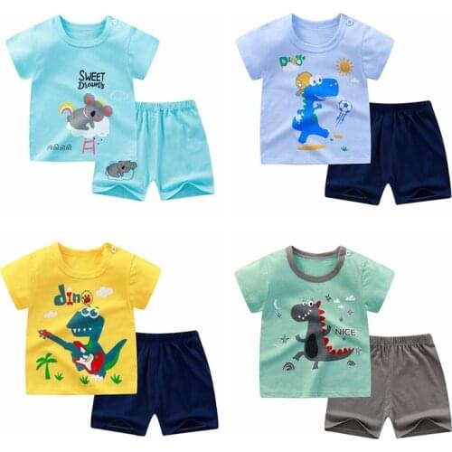 Childrens Cotton Cartoon Short Sleeve Suit Baby Summer Two Piece Baby Boys And Girls Round Neck Thin Clothes