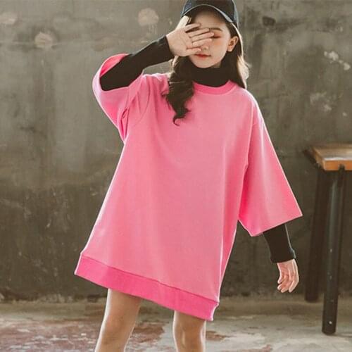Half Sleeve Pink Cotton Kids Girls Straight Dresses New 2020 Autumn Children Sweatshirts Dress Clothes Teenagers Long Hoodies