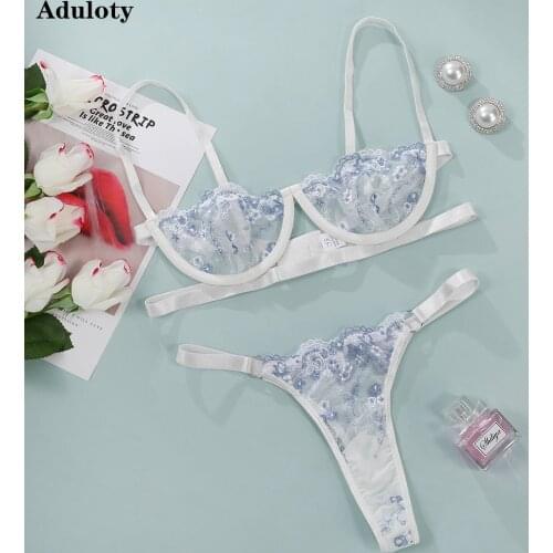 Aduloty new sexy lace flower embroidered underwear set underwire gather bra set mesh see-through thin thong sex lingerie set