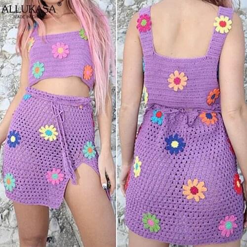 Allukasa Knitted Two Piece Sets Women Sexy Floral Pattern Sleeveless Crop Tops and Split Skirt Suits Beach Vacation Lady Outfits
