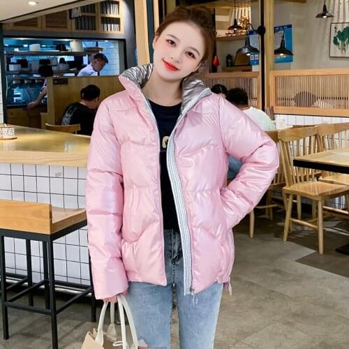Korean Style Thick Casual Womens Coat Plus Size Women Parkas Solid Oversized Shiny Female Jacket Short Style Stand Collar Loose