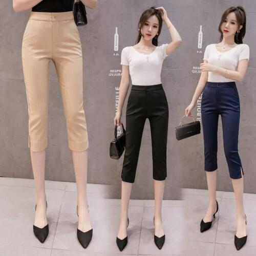 Summer Cropped Trousers For Lady Work High Waist Solid Color Pencil Pants With Pocket Women Casual Office Slim Suit Pant 2021