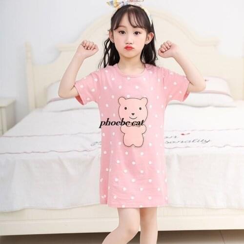 Summer Pajamas Cotton Girls Nightgowns Cartoon Bear Nightdress Baby Sleepwear Sleepshirt Short Sleeve Nightwear Children Clothes