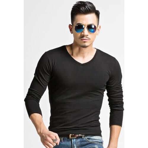 Hot Sale New spring high-elastic cotton t-shirts mens long sleeve v neck tight t shirt free CHINA POST shipping Asia M-3XL