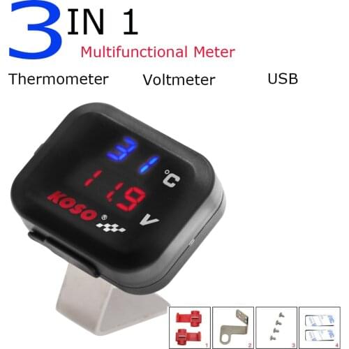 3 in 1 Koso Motorcycle Temperature Gauge LED Voltmeter with USB Port for Moto Thermometer
