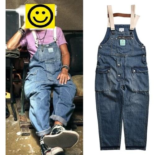 Distressed Blue Denim Overall Mens Work Cargo Pants vintage Easy Chic Worker Multi-pocket Bib Trousers Casual Jeans strap pants