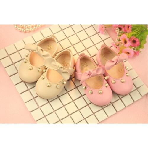 2021 Spring New Pearl Bow-knot Leather Shoes Baby Princess Toddler Shoes for Girls Sweet Cute Chic Flats Fashion 15-30 All-match