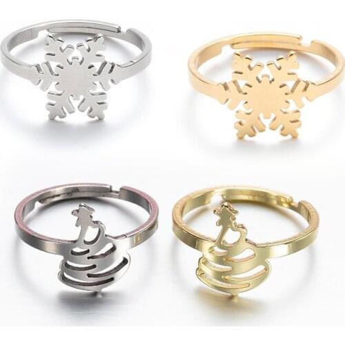 New Vintage Stainless Steel Snowflake Rings for Women Girls Fashion Elk Tree Deer Christmas Ring Adjustable Jewelry Gifts