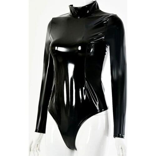 Sexy Women PVC Shiny High Cut Bodysuit Bandage One Piece Dance Wear High Neck Halter Latex Matt Catsuit Sexy Tight Plus Size F75