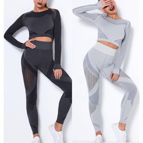 2 Pcs Fitness Tracksuit Set Hollow Out Yoga Set Sport Outfits Women Long Sleeve Crop Top + Push Up Leggings Gym Workout Clothes