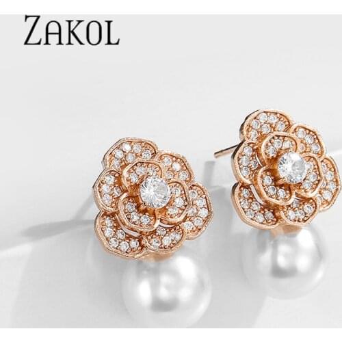 ZAKOL Japanese and Korean Fashion Pearl & Cubic Zirconia Flower Stud Earrings for Women Temperament Hypoallergenic Jewelry