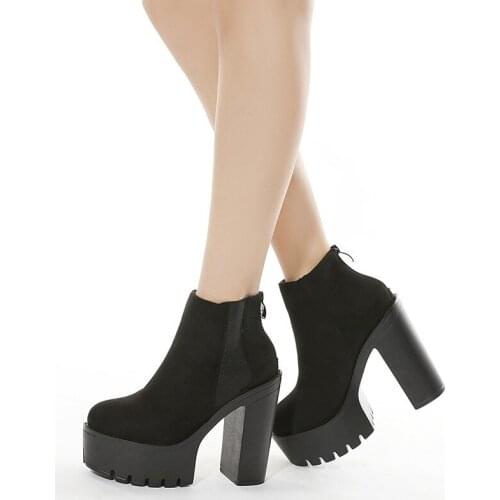 New Sexy Fashion Black Ankle Boots For Women Thick Heels Spring Autumn Flock Platform Shoes High Heels Black Zipper Ladies Boots