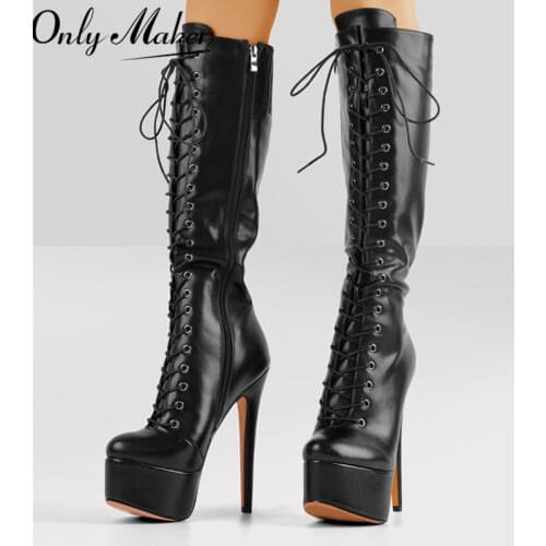 Onlymaker Womens Sexy Platform Over The Knee High Boot Front Lace-Up High Heel Stiletto Stretch US5~US15 Big Size Woman Boots