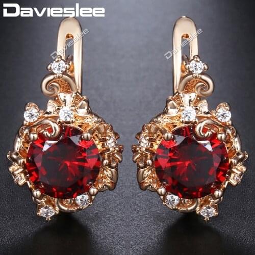 Davieslee Stud Earrings For Women Round Red CZ Rhinestones 585 Rose Gold Filled Womens Earring Fashion Jewelry Girls Gift DGE147