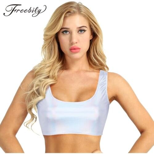 Women Rave Festival Silver Holographic Tank Top Shiny Faux Leather Sleeveless Nightclub Party Pole Dance Costume Women Crop Tops